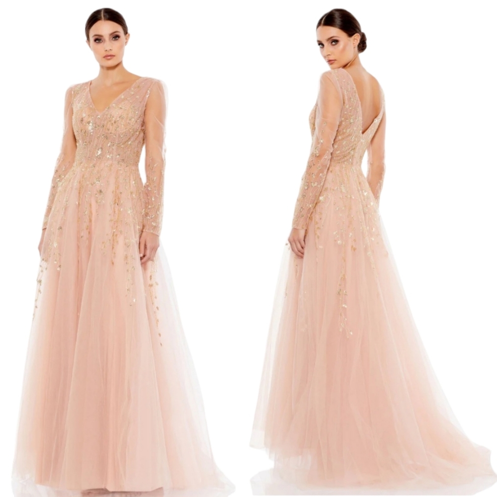 Mac Duggal Womens 18 Pink Tulle Poof Shoulder Gold Sequins Vneck Champagne Gown